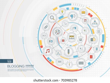 Abstract blogging background. Digital connect system with integrated circles, color flat icons. Interface design . Video content publish, follow, post writing concept. Vector infographic illustration