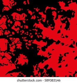 Abstract blood image. Splatter in red ink color on black background. Vector illustration.