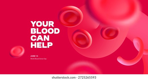 Fundo abstrato de glóbulos vermelhos. Dia Mundial do Doador de Sangue. Ilustração de vetor 3D realista. Saúde, hospital, clínica, laboratório, projeto de emergência