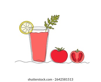 Abstract Bloody Mary cocktail and tomato.  continuous single line art drawing sketch, logo