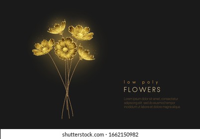 Abstract blooming bouquet of golden flowers. Low poly style design. Abstract geometric background. Wireframe light connection structure. Modern 3d graphic concept. Isolated vector illustration.