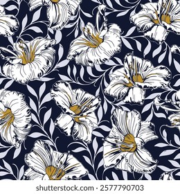 Abstract, blooming bright floral arrangement, textile design all over with blue and white tones, vector illustration