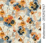 Abstract blooming bright flower motif arrangement all- over textile design illustration digital image printing factory