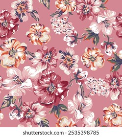 Abstract  blooming bright flower motif arrangement all- over textile design illustration digital image printing factory