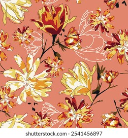 Abstract  blooming bright flower motif arrangement all- over textile design illustration digital image printing factory