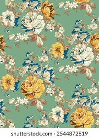 Abstract  blooming bright flower motif arrangement all- over textile design illustration digital image printing factory