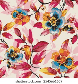 Abstract an  blooming bright flower motif arrangement all- over textile design illustration digital image printing factory