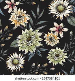 Abstract  blooming bright flower motif arrangement all- over textile design illustration digital image printing factory