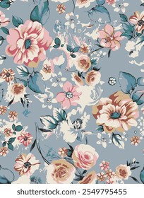 Abstract blooming bright flower motif arrangement all- over textile design illustration digital image printing factory