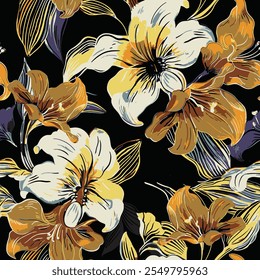 Abstract blooming bright flower motif arrangement all- over textile design illustration digital image printing factory