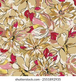 Abstract blooming bright flower motif arrangement all- over textile design illustration digital image printing factory