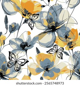 Abstract blooming bright flower motif arrangement all- over textile design illustration digital image printing factory