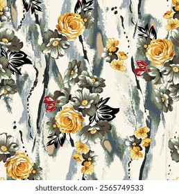 Abstract blooming bright flower motif arrangement all- over textile design illustration digital image printing factory