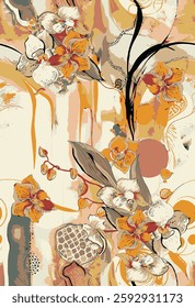 Abstract blooming bright flower motif arrangement all- over textile design illustration digital image printing factory