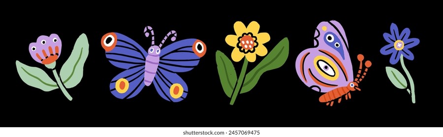 Abstract blooming floral plants and leaf. Fresh summer floristry, leaves, butterfly. Nature design elements. Colored flat graphic vector illustrations isolated on black background