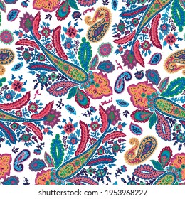 Abstract blooming and flourishing, psychedelic flowers and leaves print or background. Textile or motif for fabric or greeting card. Vivid plants in blossom. Seamless pattern, vector in flat style