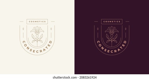 Abstrakte blühende Blumen Logo Emblem Design Vorlage Vektorgrafik in minimalem Linien Art Stil. Lineare Blütensilhouette für natürliche Kosmetiklogotypen oder Insignien der Wellness-Marke