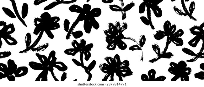 Resumen del patrón transparente del vector de tinta de floración. Flores grunges de estilo japonés textura en blanco y negro. El resorte libre florece de fondo natural. Diseño de fondo de pantalla botánico creativo monocromo