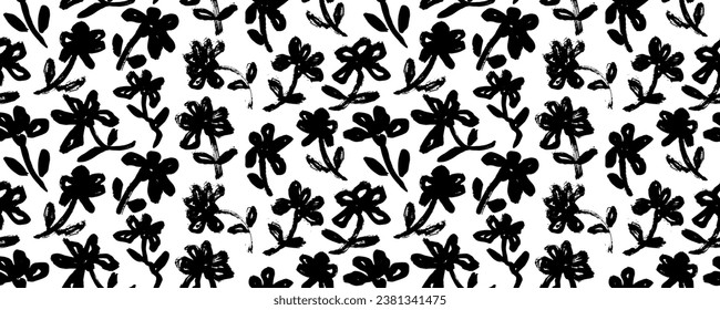 Abstract blooming ink vector seamless pattern. Japanese style grunge flowers black and white texture. Freehand spring blossom natural background. Monochrome creative botanical wallpaper design