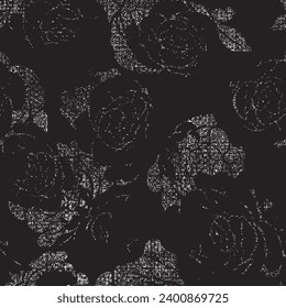 Abstract blooming ink vector seamless pattern. Japanese style grunge flowers black and white texture. Freehand spring blossom natural background. Monochrome creative botanical wallpaper design