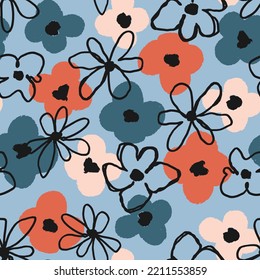 Abstract bloomy seamless repeat pattern. Hand drawn, doodled, vector flower heads all over surface print on light blue background.