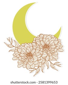 Abstract blossom flower leaf sticker. Crescent moon with peony flowers. Minimal floral naive art