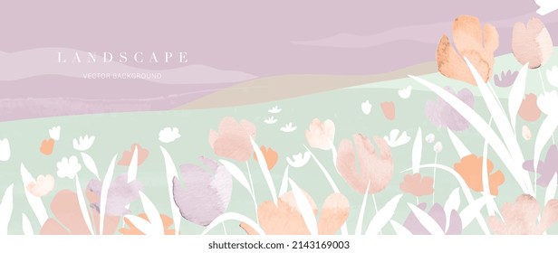 Abstract blossom garden background. Landscape wallpaper in minimal style design with flower, field in pastel color. Watercolor floral for prints, interiors, wall art, decoration, covers, and banners.