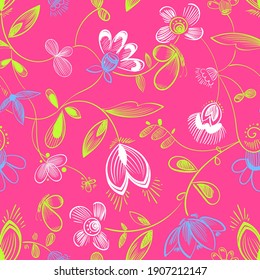 Resumen de la floración sin fisuras en el fondo rosa claro. Impresión de repetición floral. Flores repetidas adorno para ropa textil de moda, ropa de niñera, papel de envoltura.