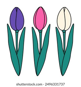 Abstract blossom tulip flowers in trendy bright shades. Design elements for greetings. Set of 3