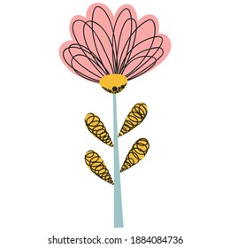 An abstract blossoming isolated simple flower with an opening bud on a white background. For nursery decor, birthday party, printing on children`s apparel. Vector.