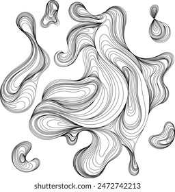 Abstractas composición de manchas. Conjunto de líneas dibujadas a mano con forma de salpicadura. Composición de estilo de pintura de tinta de línea fina para decoración para Fondo de pantalla de fondo.