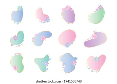 Abstract blotch shape. Liquid shape elements. Modern graphic elements. Gradient and gold frame with flowers. Vector illustration.