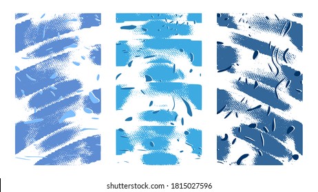 Abstract blots, artistic lines. Hand drawn vector illustration. Blue particles, chaotic brush strokes on paper, modern style paintings