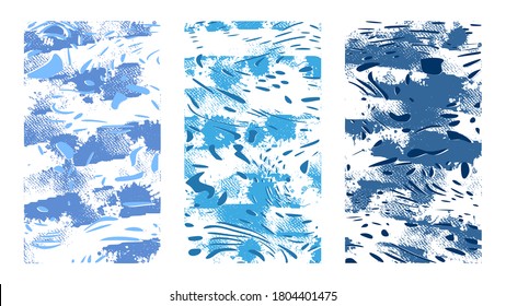 Abstrakte Blots, künstlerische Texturen. Handgezeichnete Vektorgrafik. Blaue Partikel, chaotische Pinselstriche auf Papier, Bilder im modernen Stil