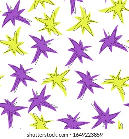 Abstract blots pattern, colorful hand drawn yellow and violet sparkles on white background. Abstract and linear art. Textile, fabric, decor, wallpaper, background, wrapping paper.