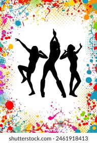 Abstract blots with silhouettes of dancing girls. disco. hand drawing. Not AI. Vector illustration.