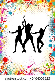 Abstract blots with silhouettes of dancing girls. disco. hand drawing. Not AI. Vector illustration.