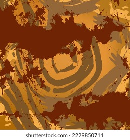 Abstrakt mit Blüten und Schlaganfällen in warmen Farben, mit verschiedenen Pinseln verschiedener Farben auf orangefarbenem Hintergrund gemalt
