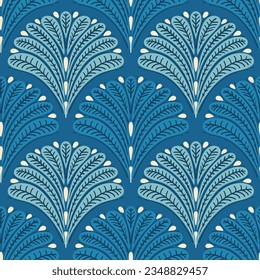 Abstract blue 1920s style foliage with structure and beige white drops