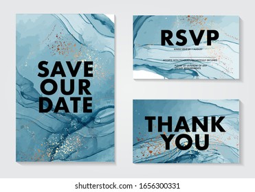 Abstract blue 2020 watercolor alcohol ink flow paint, marble navy gold fluid modern art, wedding invitation. Save the date card, rsvp design template in vector.