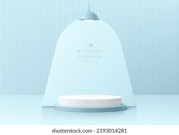 Resumen de fondo 3D azul con podio de peatón de cilindro blanco realista, forma de arco y lámpara colgante. Escena de pared mínima de Pastel para la presentación de productos de simulación. Diseño de formas geométricas. Escenario para el escaparate.