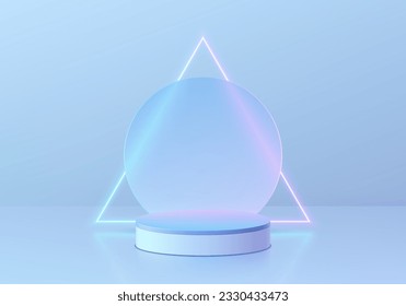 Abstract blue 3D background with realistic cylinder podium, neon light triangle and circles backdrop. Futuristic Minimal wall scene mockup product display. Vector geometric forms. Stage for showcase.