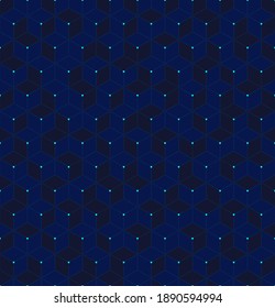 Abstract blue 3D cubes seamless pattern geometric hexagons with lines on grid background digital futuristic concept. Vector illustration