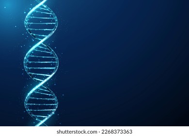 Abstract blue 3d DNA molecule helix. Gene editing, genetic biotechnology and engineering concept. Low poly style design. Geometric background. Wireframe light graphic connection structure.  Vector