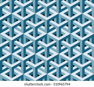 Abstract blue 3d geometric seamless pattern background. Optical illusion 3d shapes. Vector 10 EPS illustration.