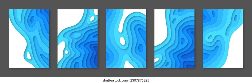 Abstract blue 3D paper cut topography relief imitation templates set. Paper cut liquid texture gradient layers for banner, flyer, cover, background, brochure with blue wavy layers vector illustration