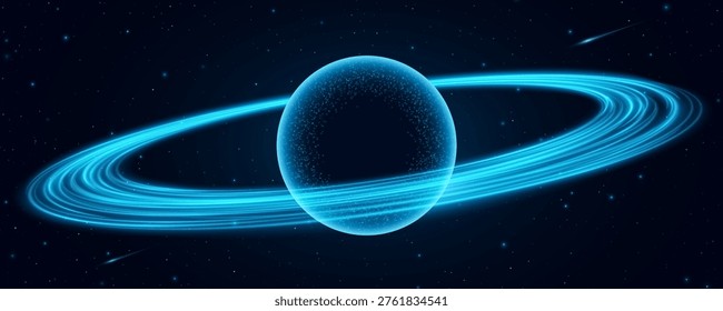 Abstract blue 3D planet with swirling glowing rings around in deep space. Minimalistic cosmic, vibe. Concept related to astronomy, astrophysics, and universe visuals. Vector illustration.