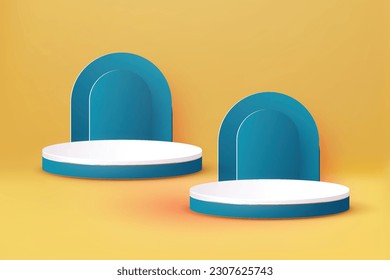 Abstract Blue 3D Render Podium on Yellow Background - Product Display Stand