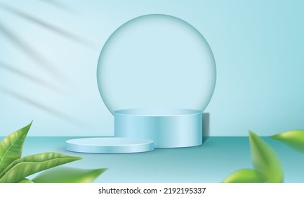 Abstract blue 3D room with realistic blue cylinder pedestal podium and leaves design template. use for cosmetic presentation background.