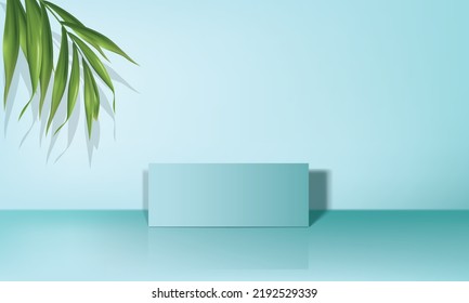 Abstract blue 3D room with realistic blue box pedestal podium and leaves design template. use for cosmetic presentation background.